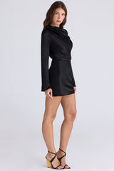 Mariska Black Satin Long Sleeve Backless Mini Dress