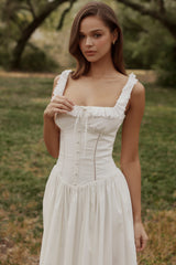 Phoebe White Cotton Broderie Anglaise Trim Midi Dress