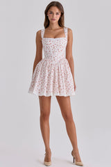 Ami White Rose Print Cotton Corset Mini Dress