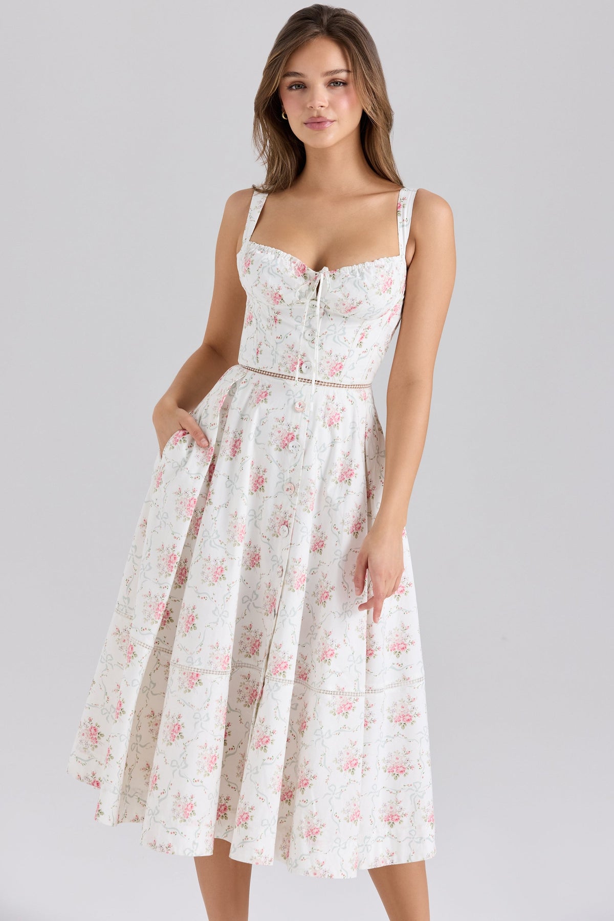 Chiarina Rose Print Cotton Button Front Midi Dress