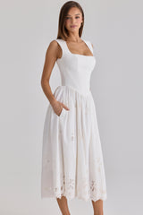 Safira White Floral Broderie Anglaise Cotton Midi Dress