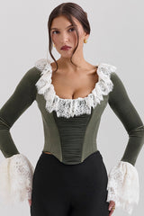 Jacinda Forest Green Velvet Lace Trimmed Corset Top