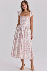 Livia White Rose Print Cotton Midi Sundress