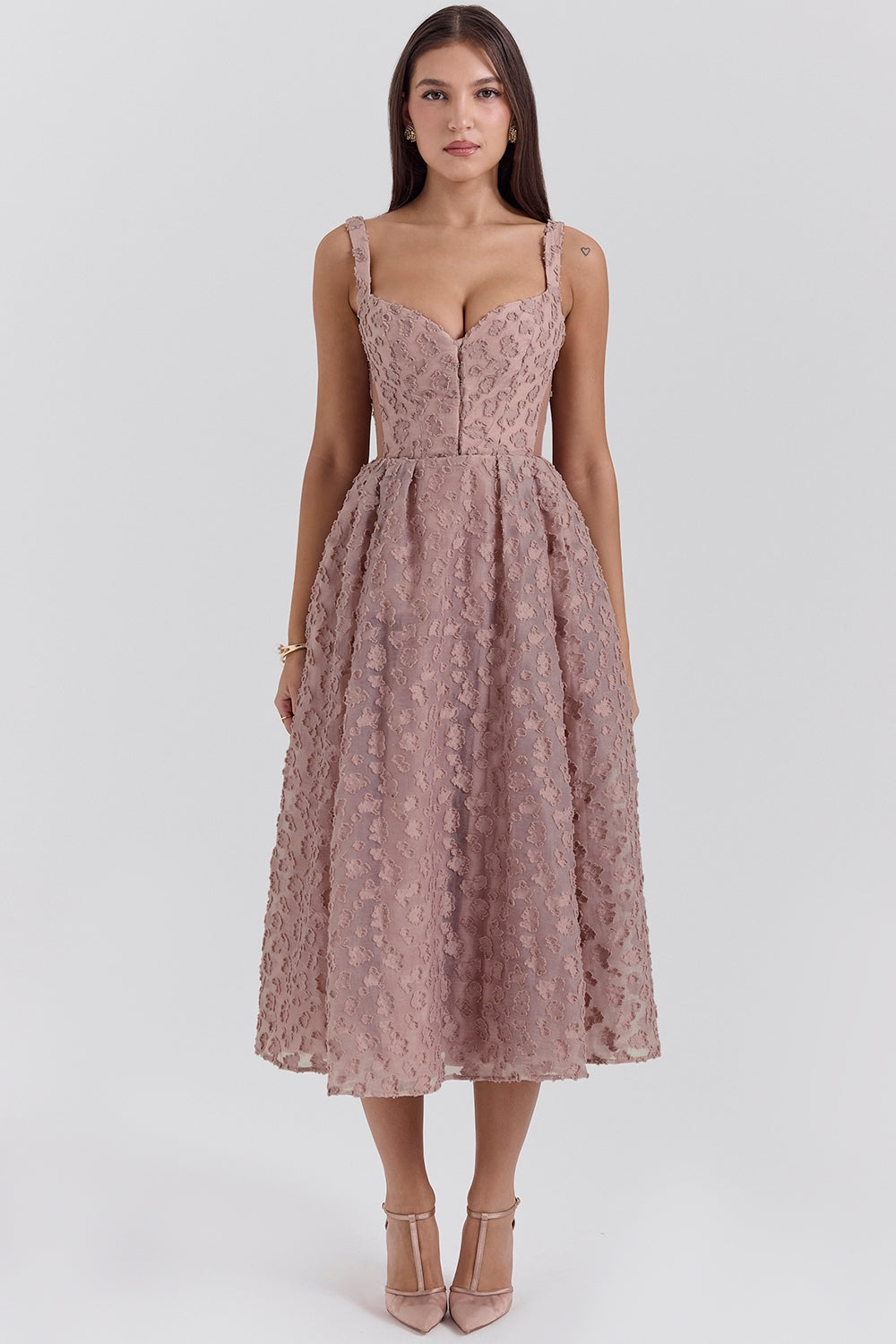 Lovely French Rose Jacquard Sweetheart Neckline Midi Dress