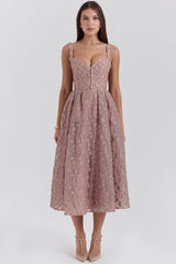 Lovely French Rose Jacquard Sweetheart Neckline Midi Dress