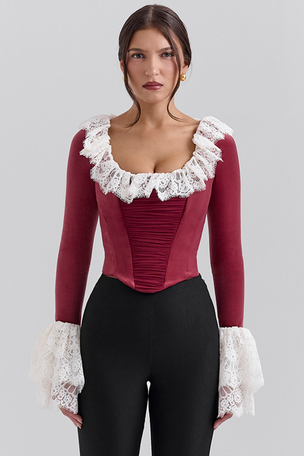 Jacinda Cabernet Velvet Lace Trimmed Corset Top