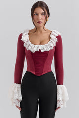 Jacinda Cabernet Velvet Lace Trimmed Corset Top