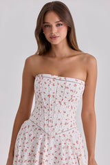 Gina White Rose Print Strapless Cotton Maxi Dress