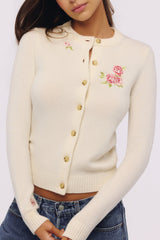 Daisie Ivory Wool + Cashmere Floral Embroidered Cardigan