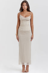 Nalini Sand Stretch Mesh Maxi Dress