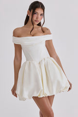 Leonora Ivory Satin Off Shoulder Mini Bridal Gown