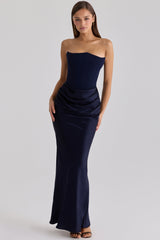 Persephone Navy Satin + Crepe Strapless Corset Maxi Dress