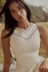 Scarlett White Cotton Lace Trim Waist Cinch Midi Dress
