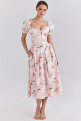 Lulabell Peach Floral Cotton Puff Sleeve Midi Dress