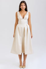 Paloma Vintage Cream Satin Pleated Midi Dress