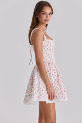 Ami White Rose Print Cotton Corset Mini Dress
