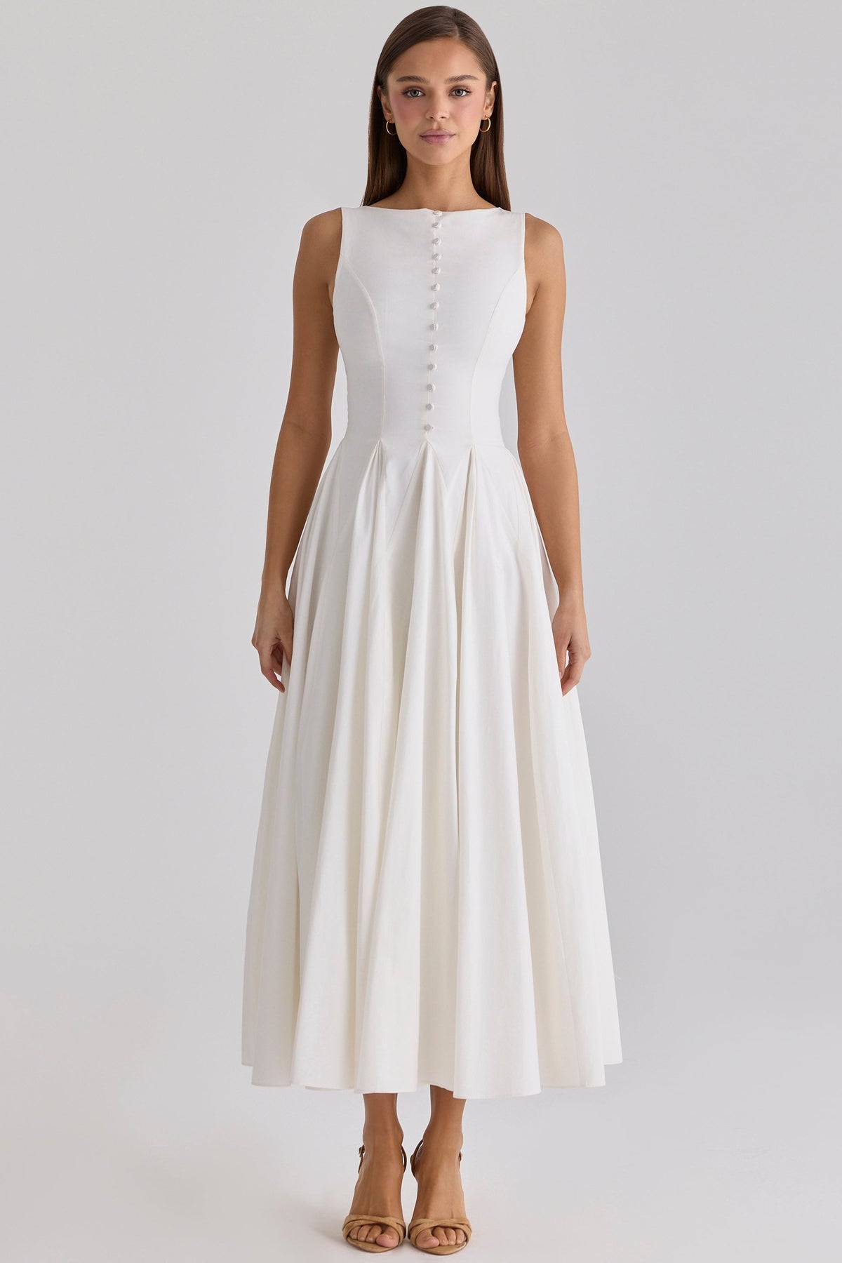 Azalina White Boat Neck Button Front Cotton Maxi Dress