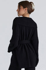 Madison Black Pure Wool Draped Front Cardigan
