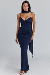Freya Navy Satin Gathered Maxi Dress + Scarf