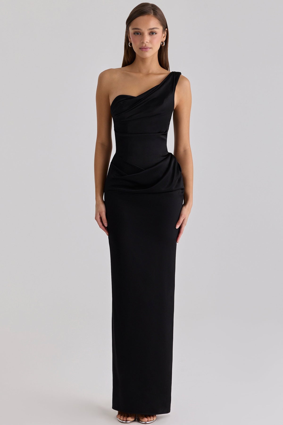 Caprice Black Satin One Shoulder Maxi Dress