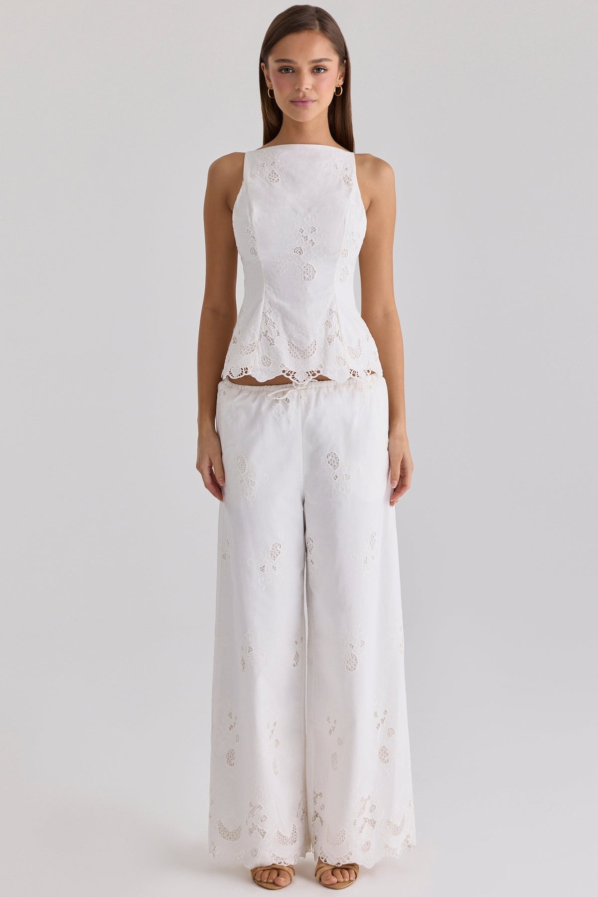 Mirea White Cotton Broderie Anglaise Wide Leg Trousers