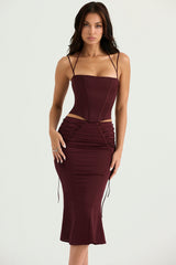 Sidonie Wine Satin Lace Up Midi Skirt