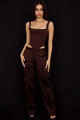 Daria Chocolate Satin Cargo Trousers