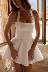 Cosette White Broderie Anglais + Cotton Halter Neck Mini Dress