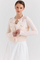 Anjou Cream Lambswool Rose Embroidered Cardigan