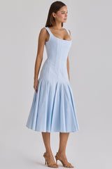 Soretta Blue Pleated Lace Up Cotton Midi Dress