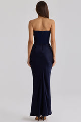 Persephone Navy Satin + Crepe Strapless Corset Maxi Dress