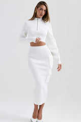 Reeva White Balloon Sleeve Ribbed Sweater