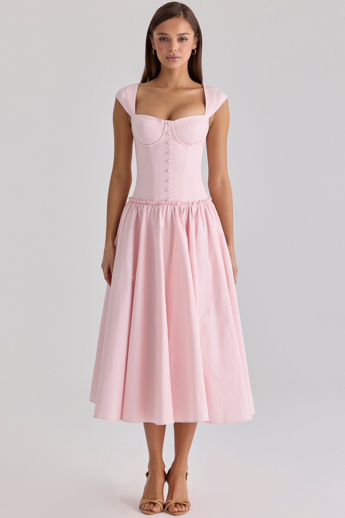 Kaia Pink Cotton Cap Sleeve Midi Dress