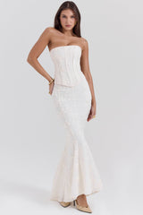 Veronica Vintage Ivory Embroidered Godet Maxi Skirt