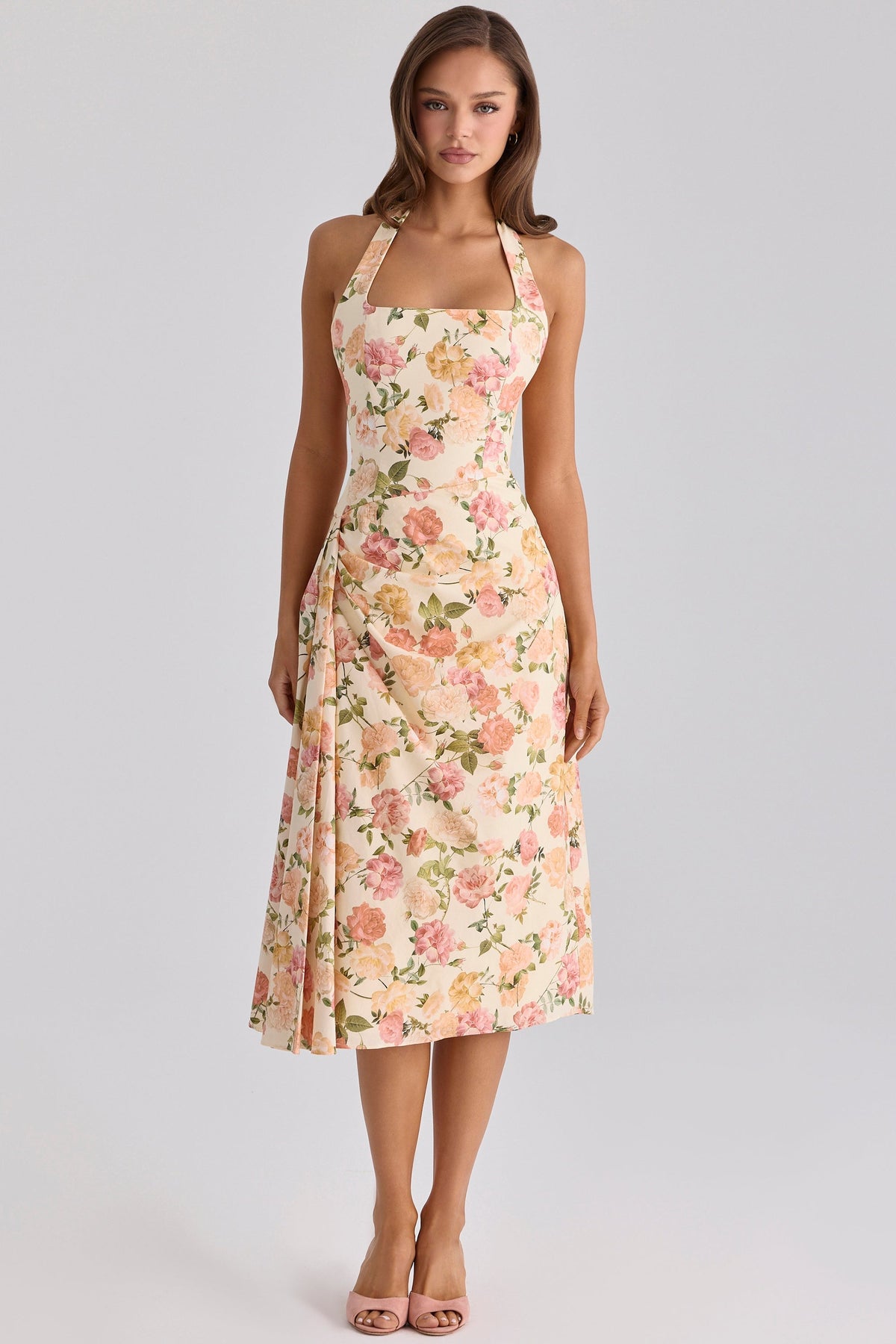 Tallulah Warm Rose Print Halter Neck Cotton Midi Dress
