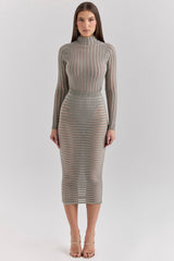 Margo Grey Velour Sheer Striped Midi Skirt