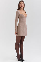 Angelie Brown Puppytooth Check Plunge Mini Dress