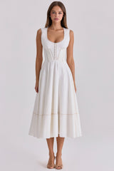 Solana White Cotton Waist Cinch Midi Sundress