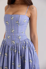 Ysabella Blue Daisy Print Stretch Cotton Midi Sundress