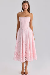 Belissa Pink Strapless Custom Lace + Broderie Anglaise Midi Dress