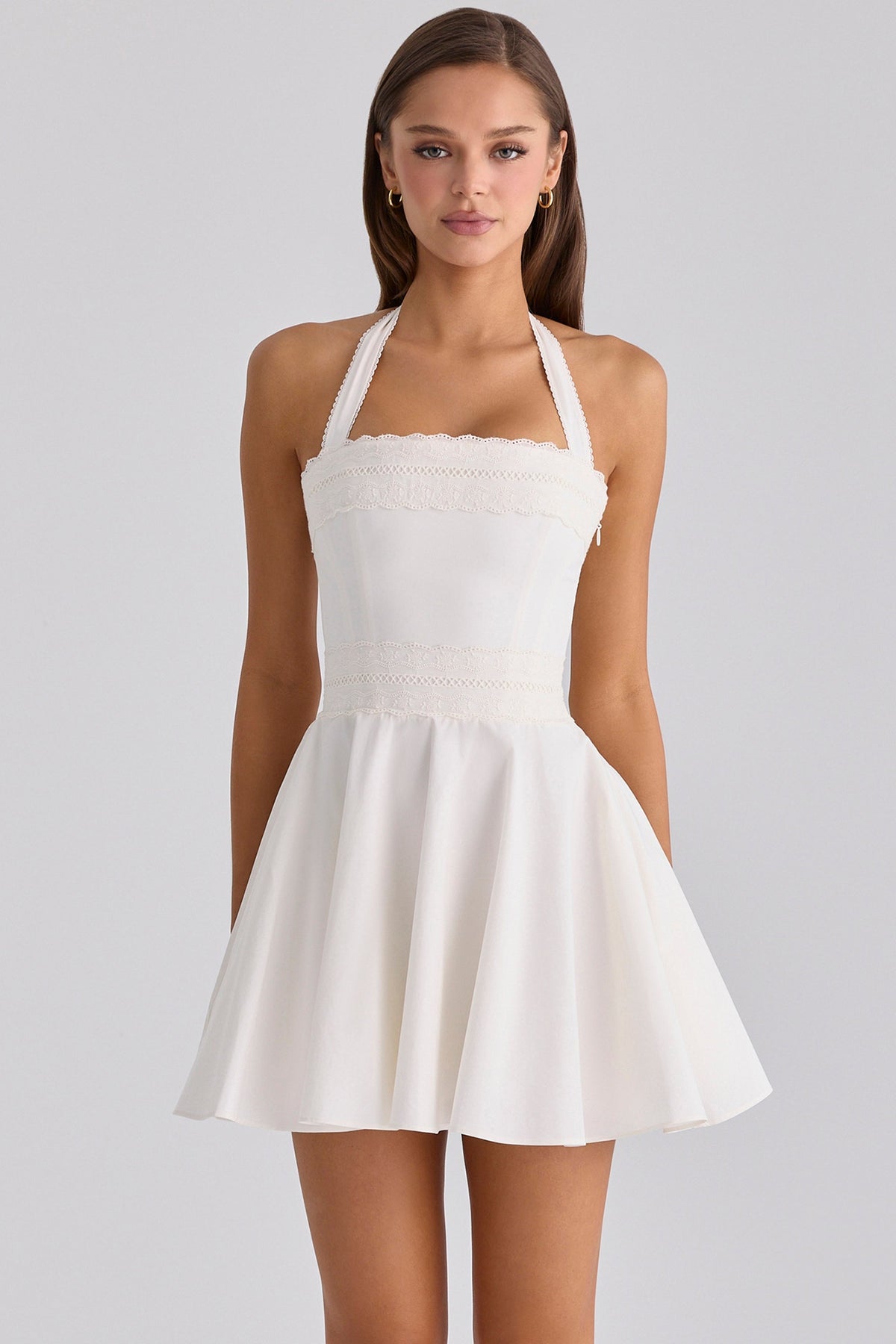 Cosette White Broderie Anglais + Cotton Halter Neck Mini Dress