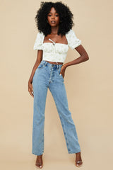 Arianna Ivory Floral Puff Sleeve Cropped Top