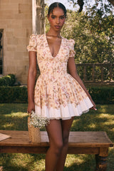 Imani Honeyflower Print Pleated Cotton Mini Dress
