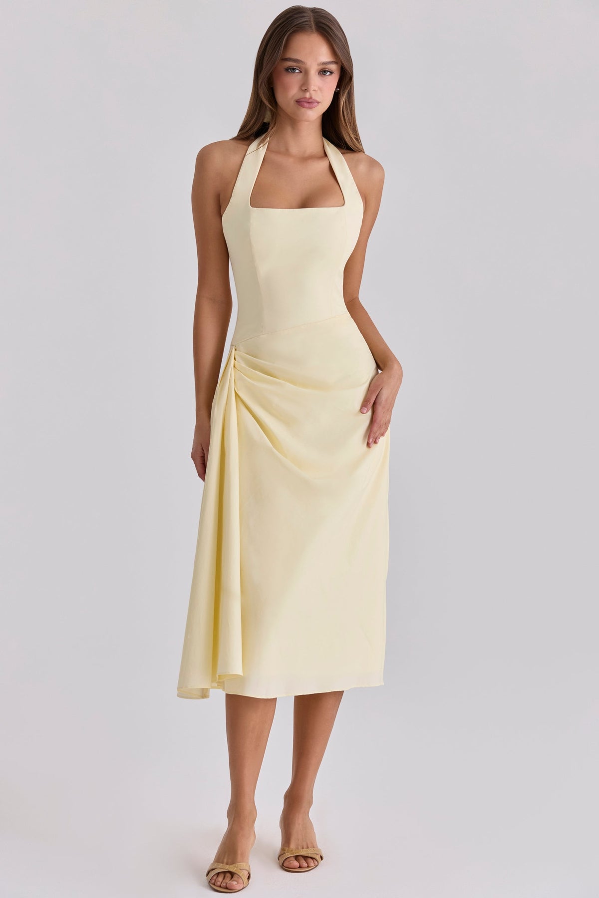 Tallulah Lemon Halter Neck Cotton Midi Dress