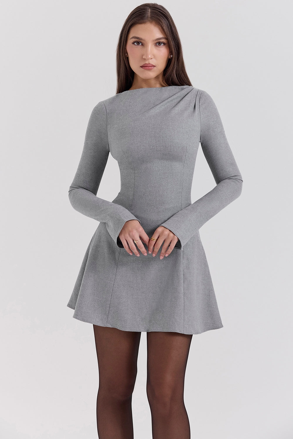 Angelique Grey A-Line Long Sleeve Mini  Dress