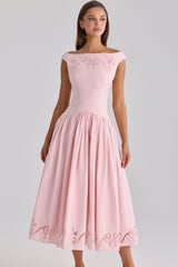Lauren Pink Cotton Broderie Anglaise Boat Neck Maxi Dress