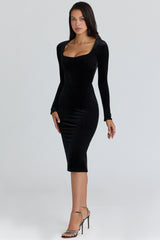 Asha Black Velvet Silhouette Midi Dress