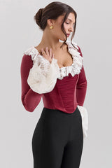 Jacinda Cabernet Velvet Lace Trimmed Corset Top
