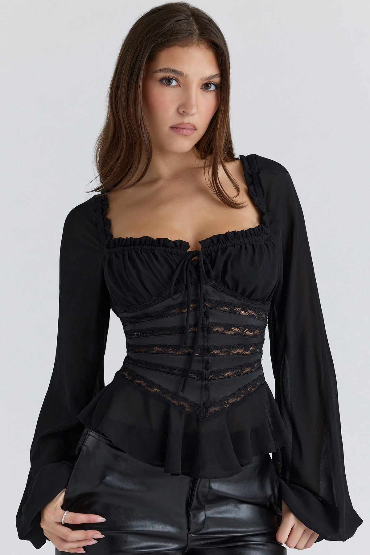 Cara Black Long Sleeve Georgette Peplum Top