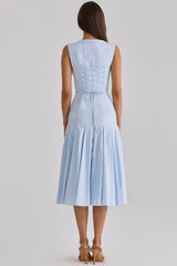 Soretta Blue Pleated Lace Up Cotton Midi Dress